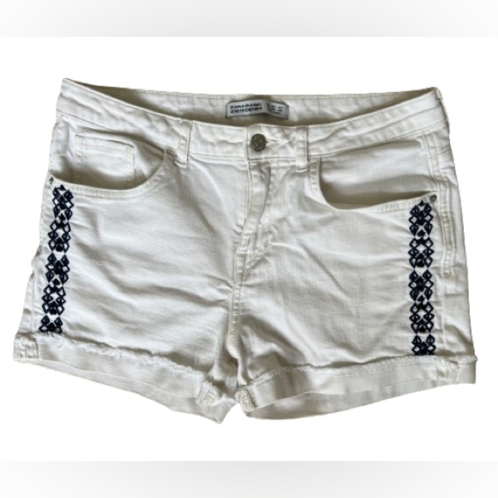Zara White Jean Shorts with Navy Embroidery